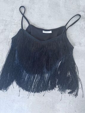 Nylon Fringe Spaghetti Strap Crop Top - Black